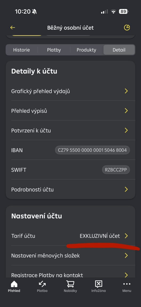 screen z internetového bankovnictví Raiffaisen bank